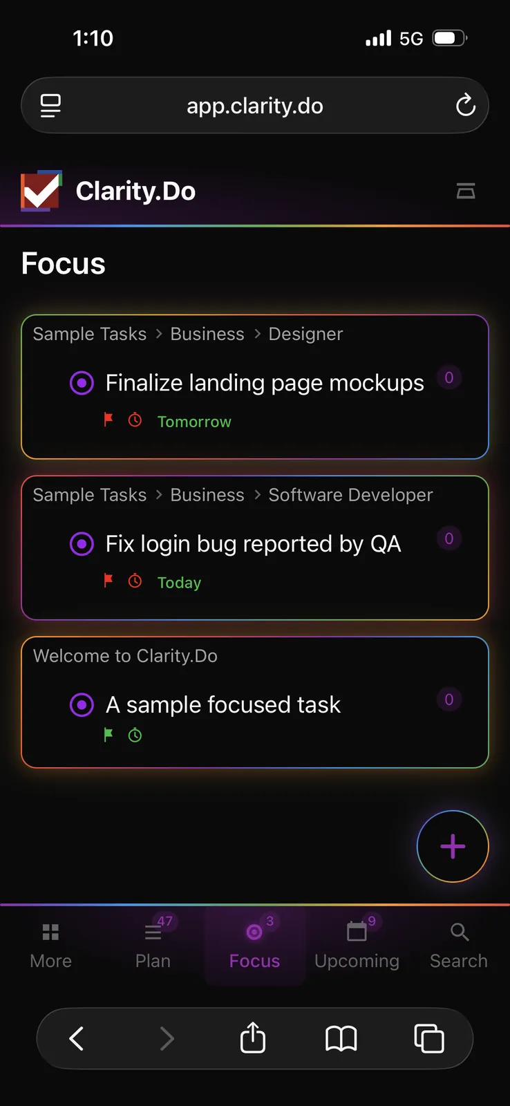 Clarity.Do Focus view on mobile web