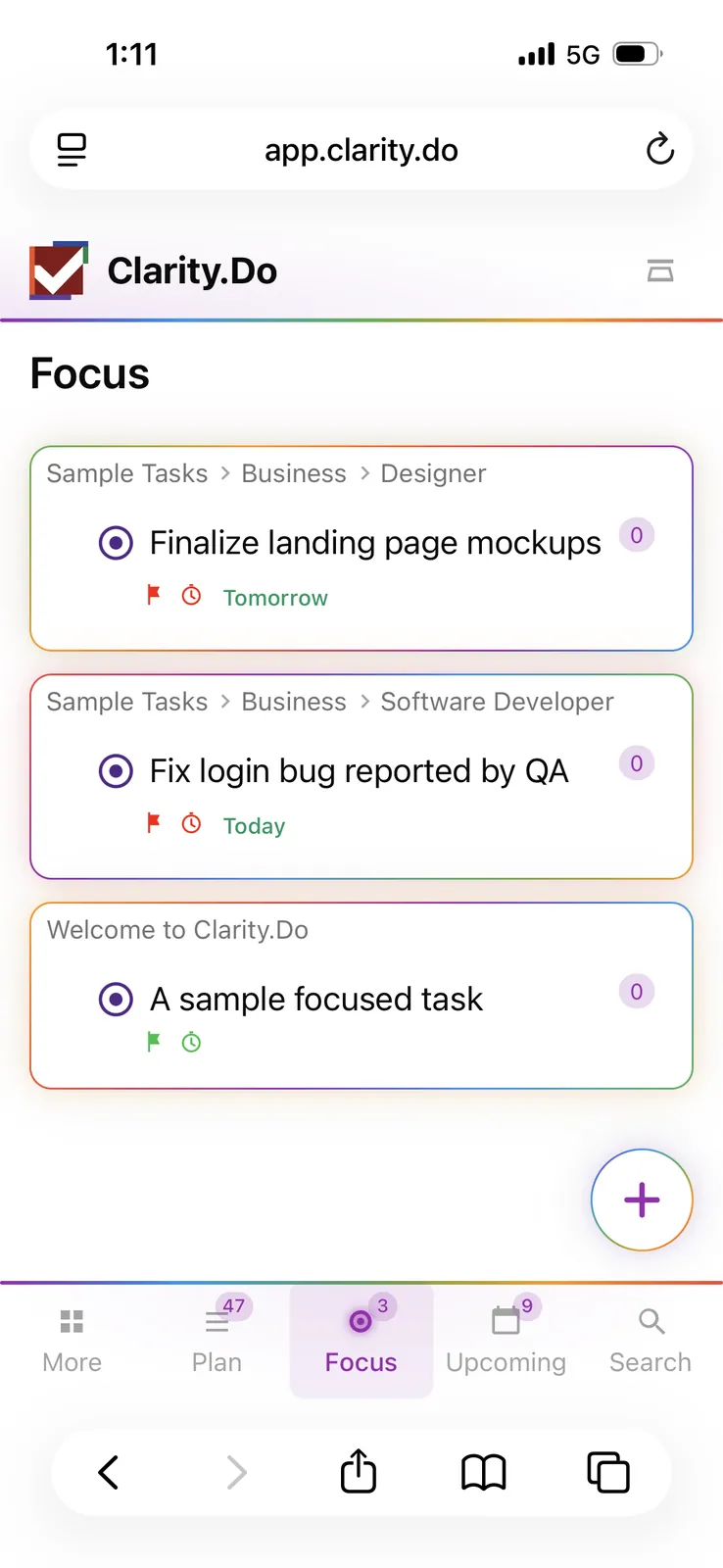 Clarity.Do Focus view on mobile web