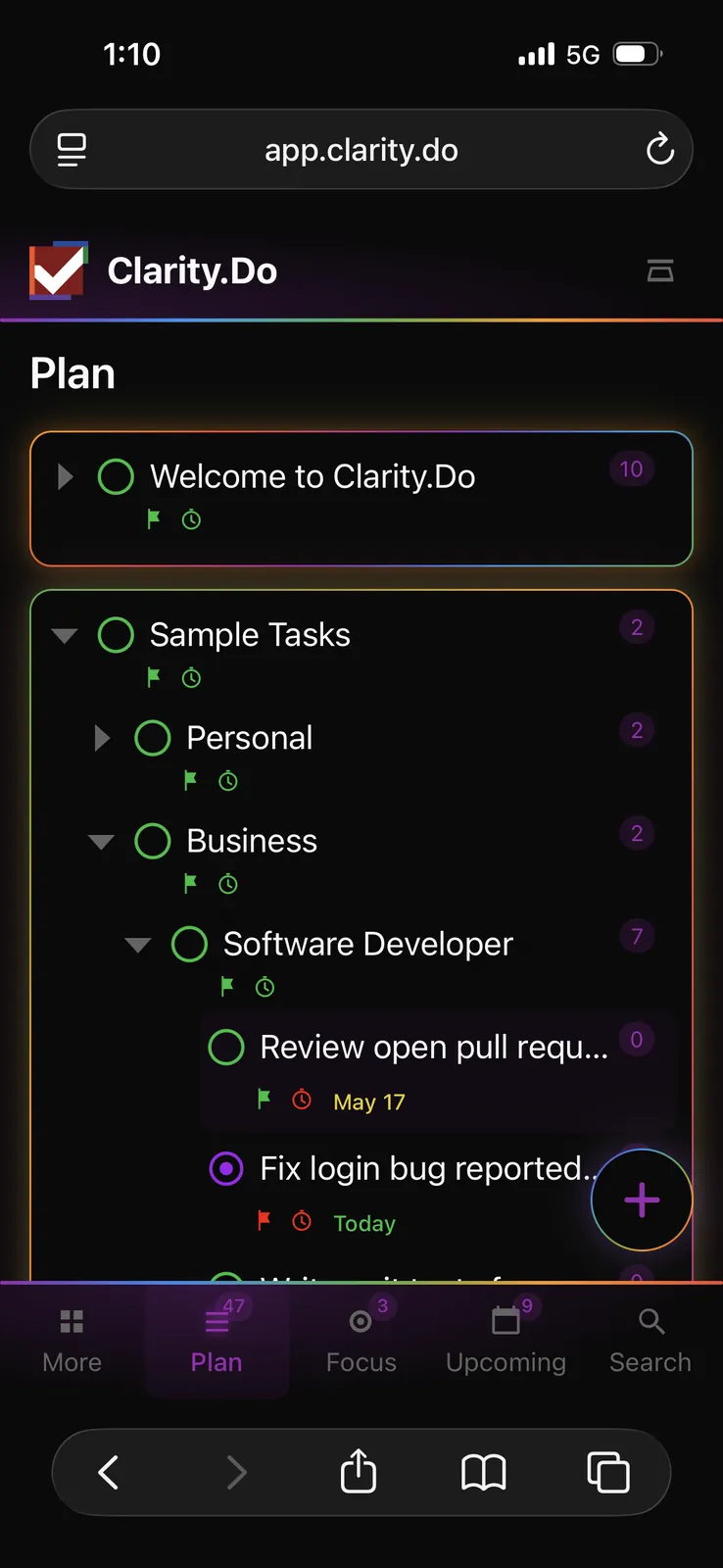 Clarity.Do Plan view on mobile web