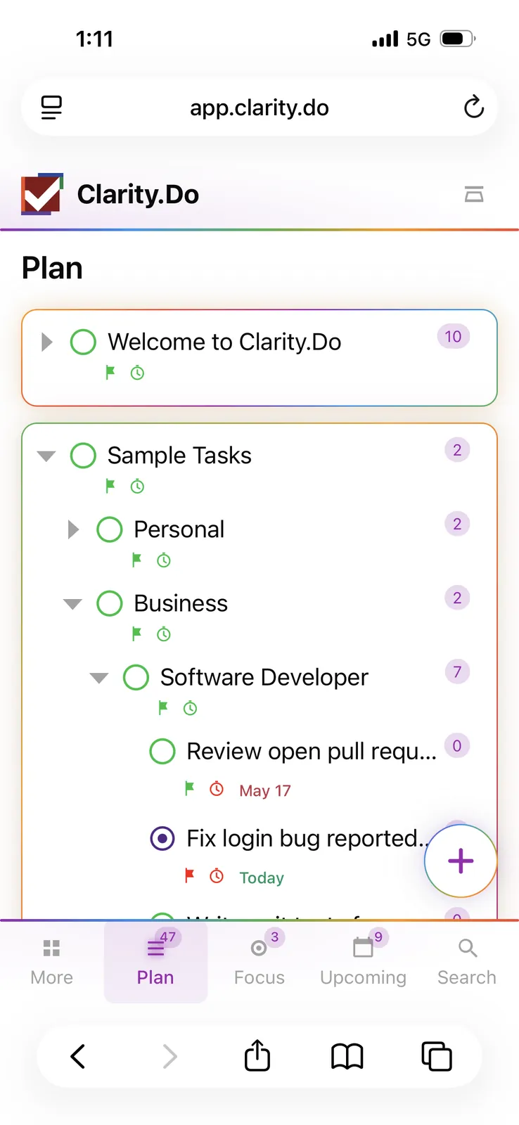 Clarity.Do Plan view on mobile web