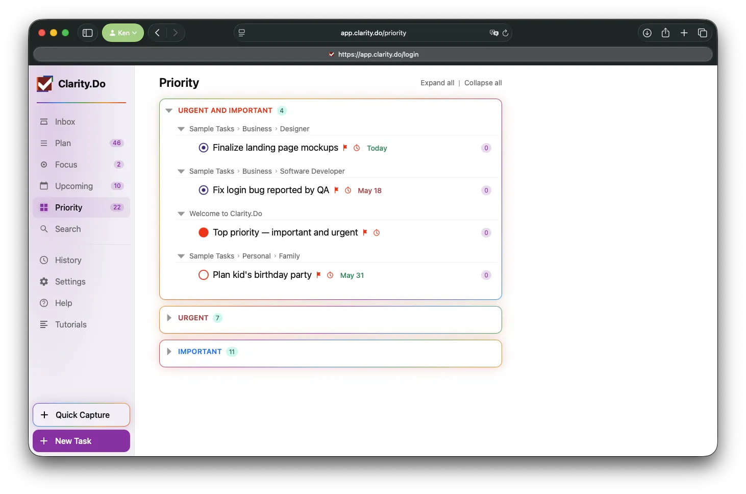 Clarity.Do Priority matrix on the web