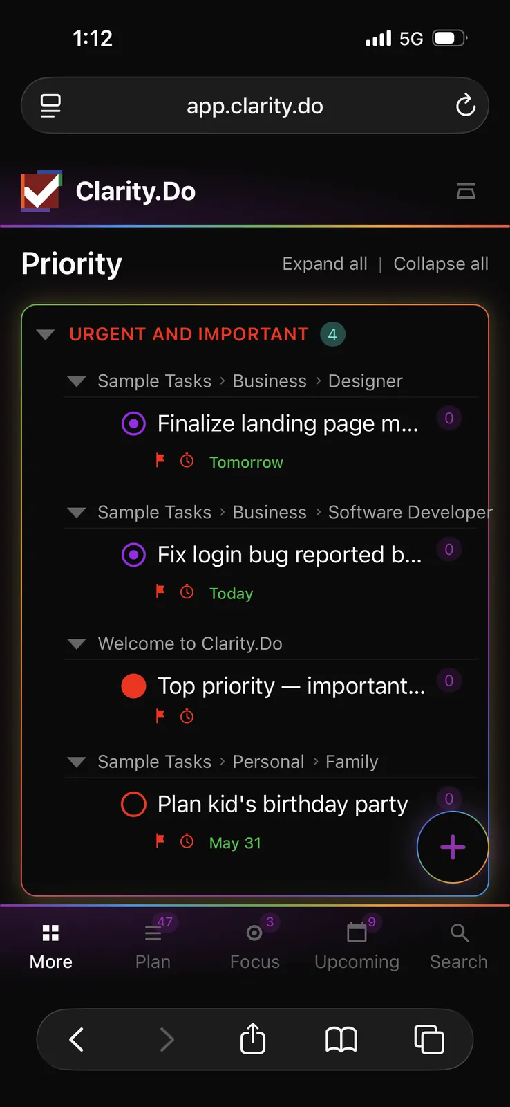 Clarity.Do Priority matrix on mobile web