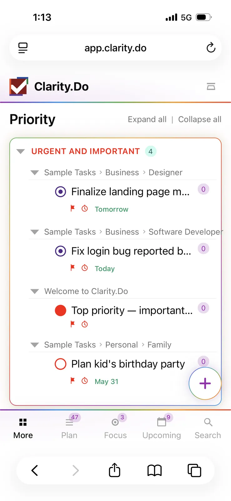 Clarity.Do Priority matrix on mobile web