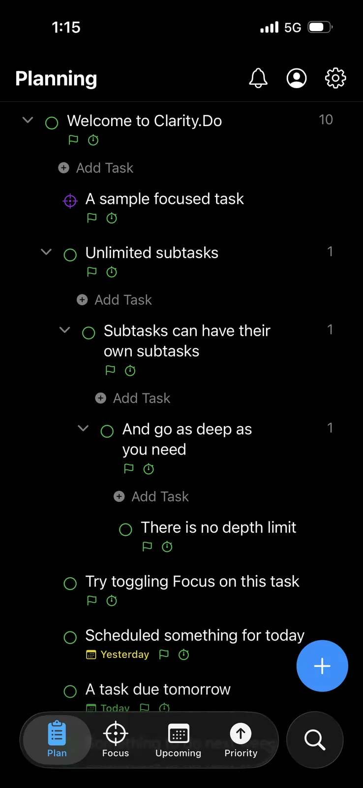 Clarity.Do unlimited subtasks on iPhone