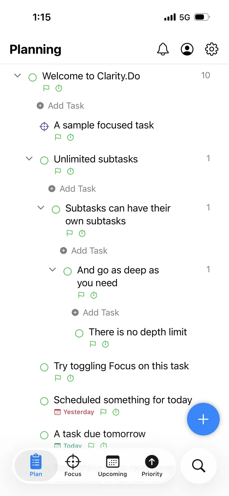 Clarity.Do unlimited subtasks on iPhone