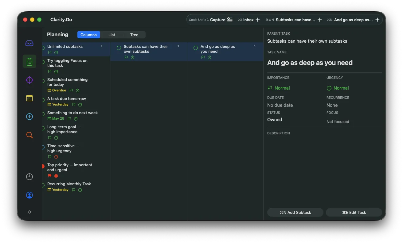 Clarity.Do unlimited subtasks on macOS