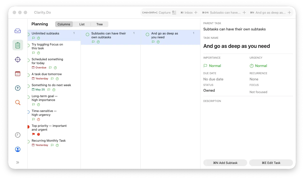 Clarity.Do unlimited subtasks on macOS