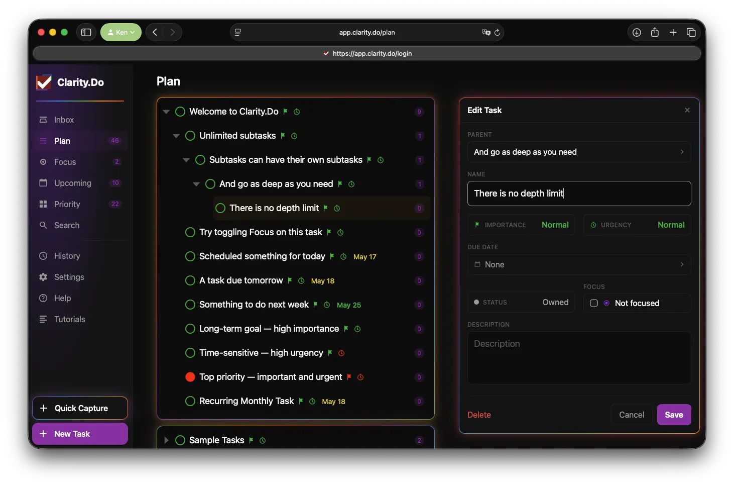 Clarity.Do unlimited subtasks on the web