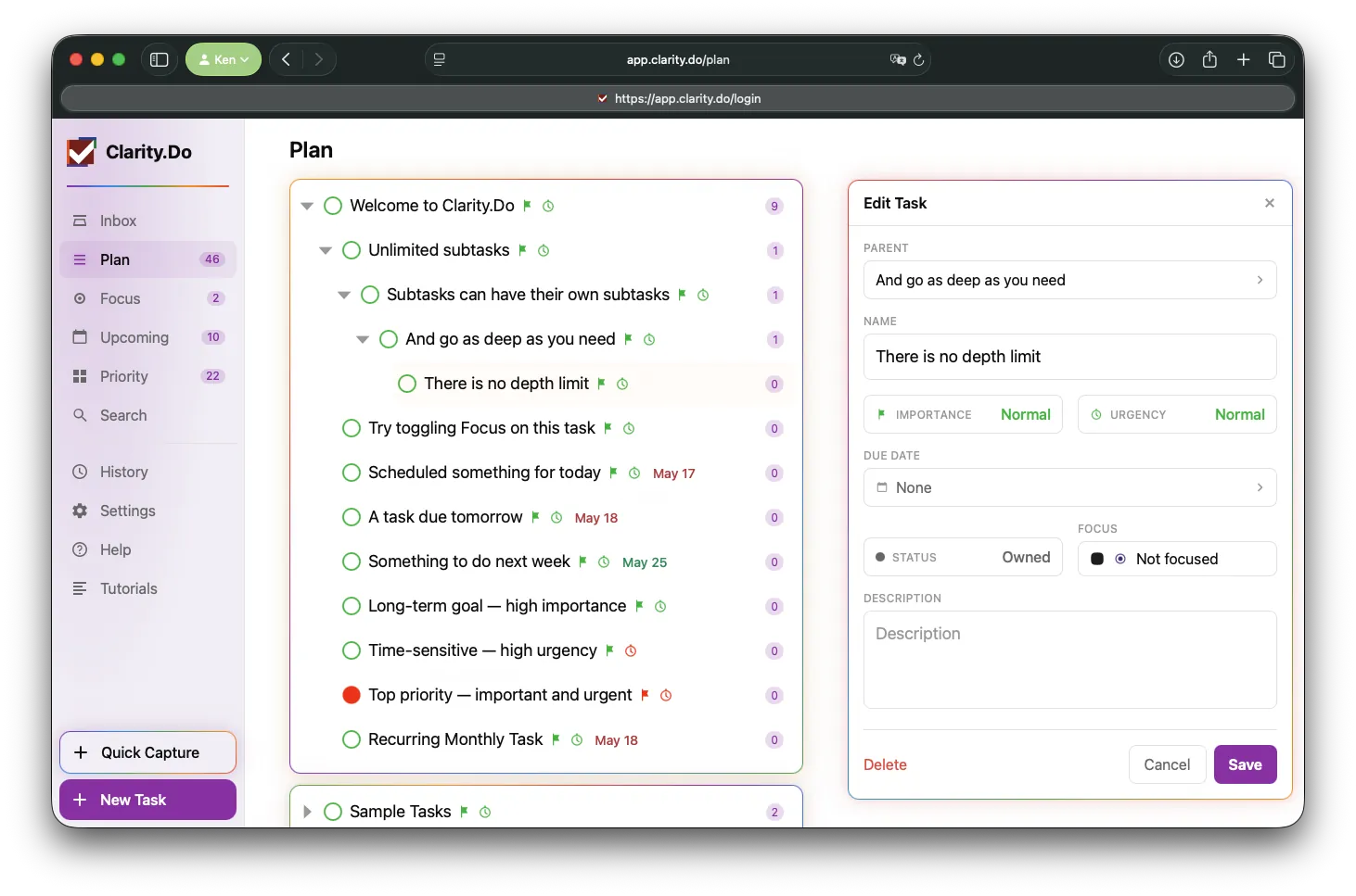 Clarity.Do unlimited subtasks on the web