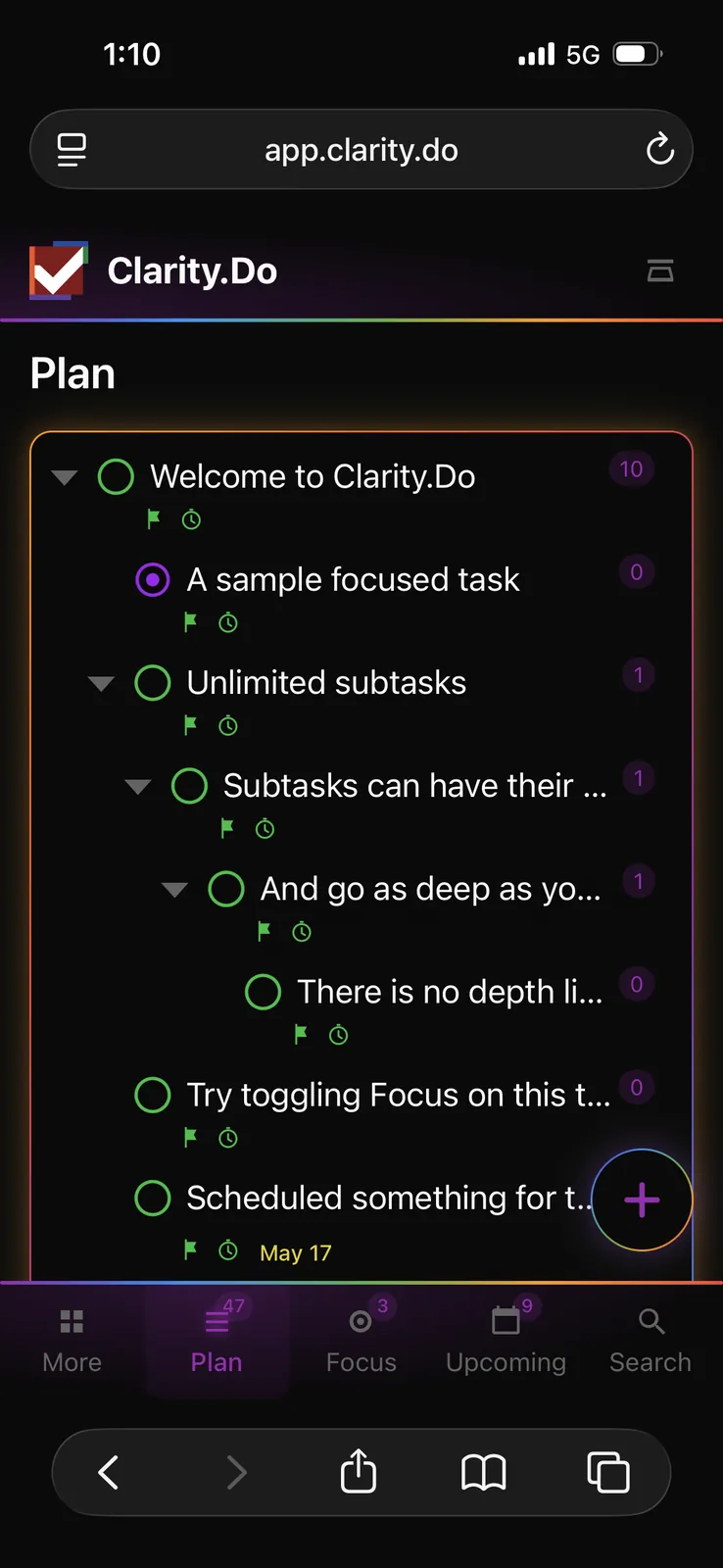 Clarity.Do unlimited subtasks on mobile web