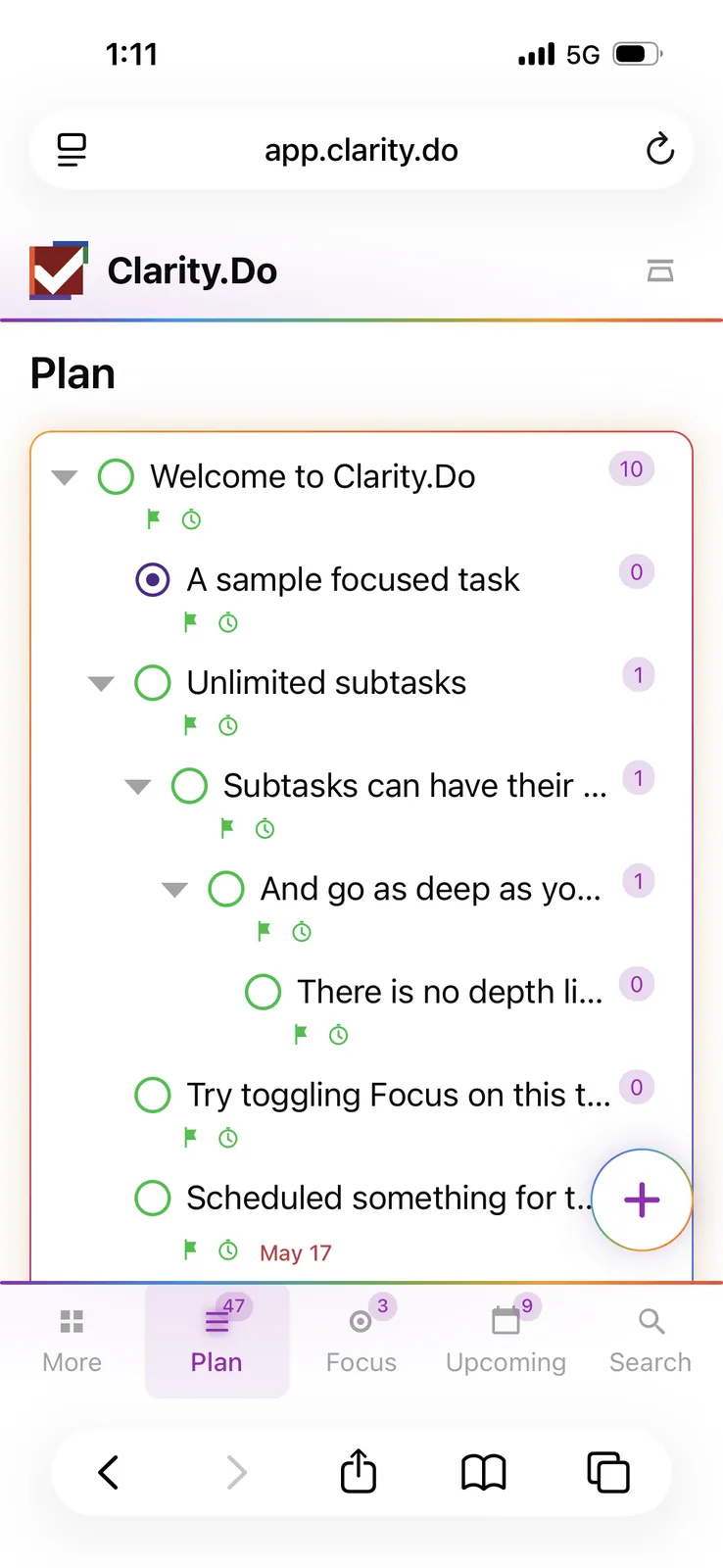 Clarity.Do unlimited subtasks on mobile web
