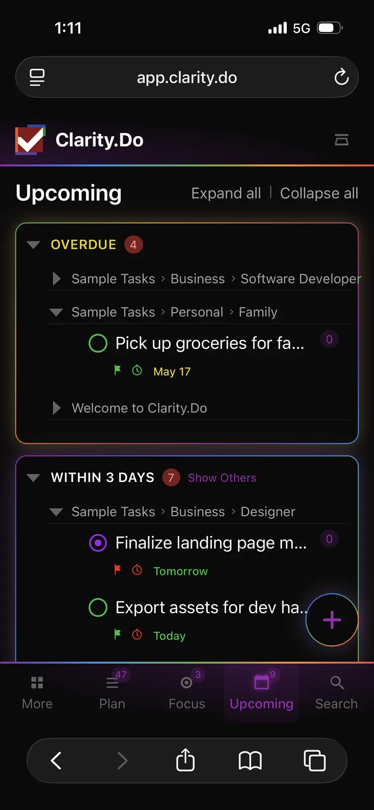 Clarity.Do Upcoming view on mobile web