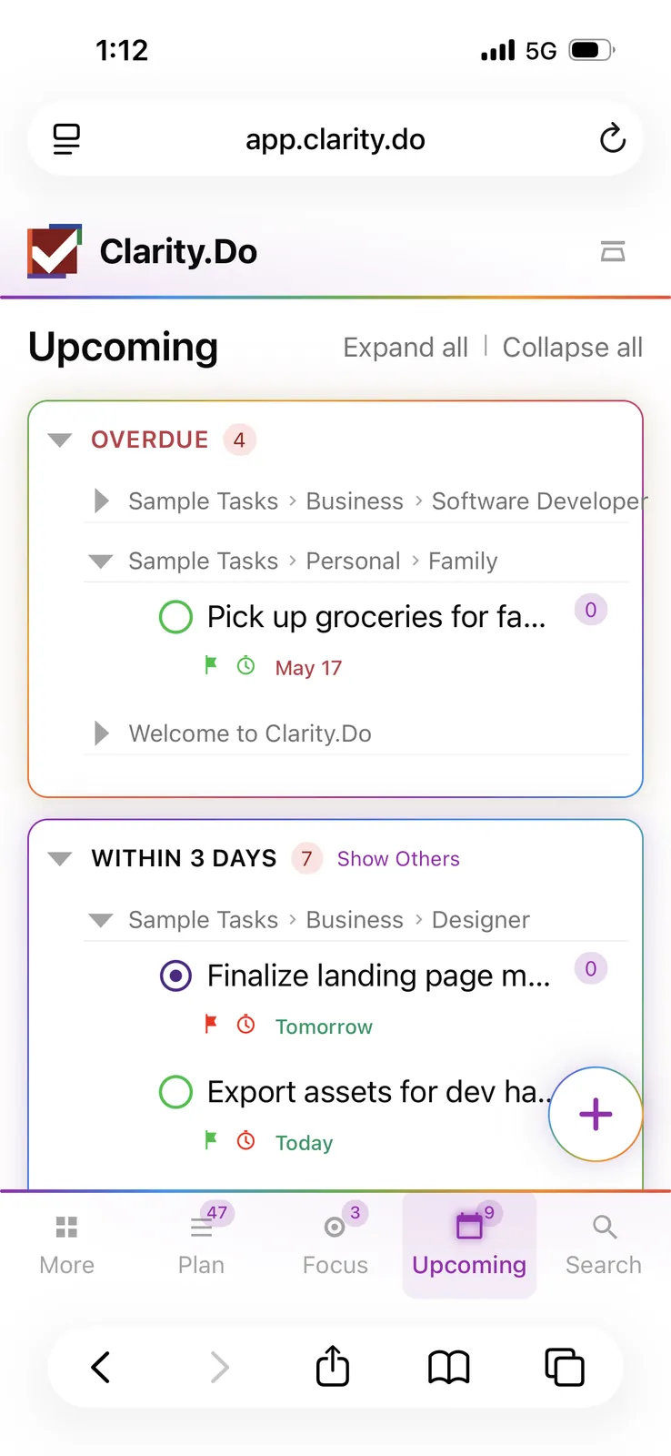 Clarity.Do Upcoming view on mobile web